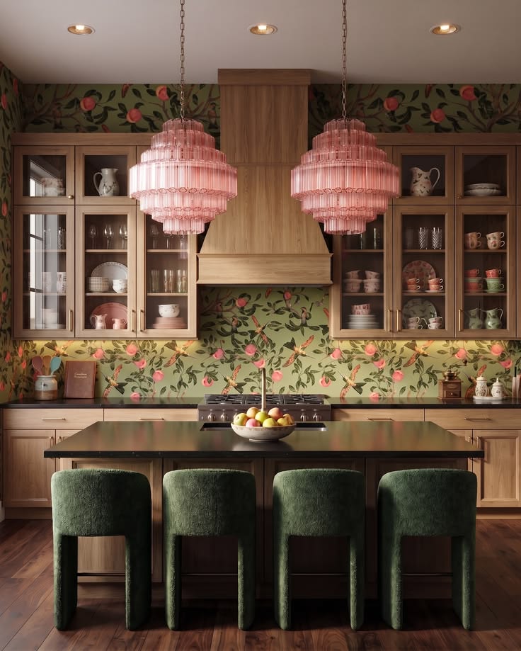Biscotti stained cherry wood cabinets with green botanical w