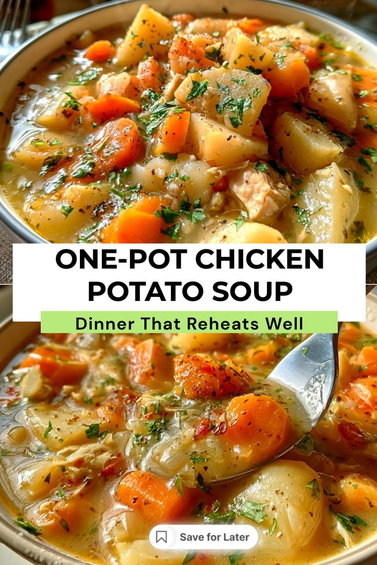 Chicken cooks in one pot with potatoes, carrots, celery, and