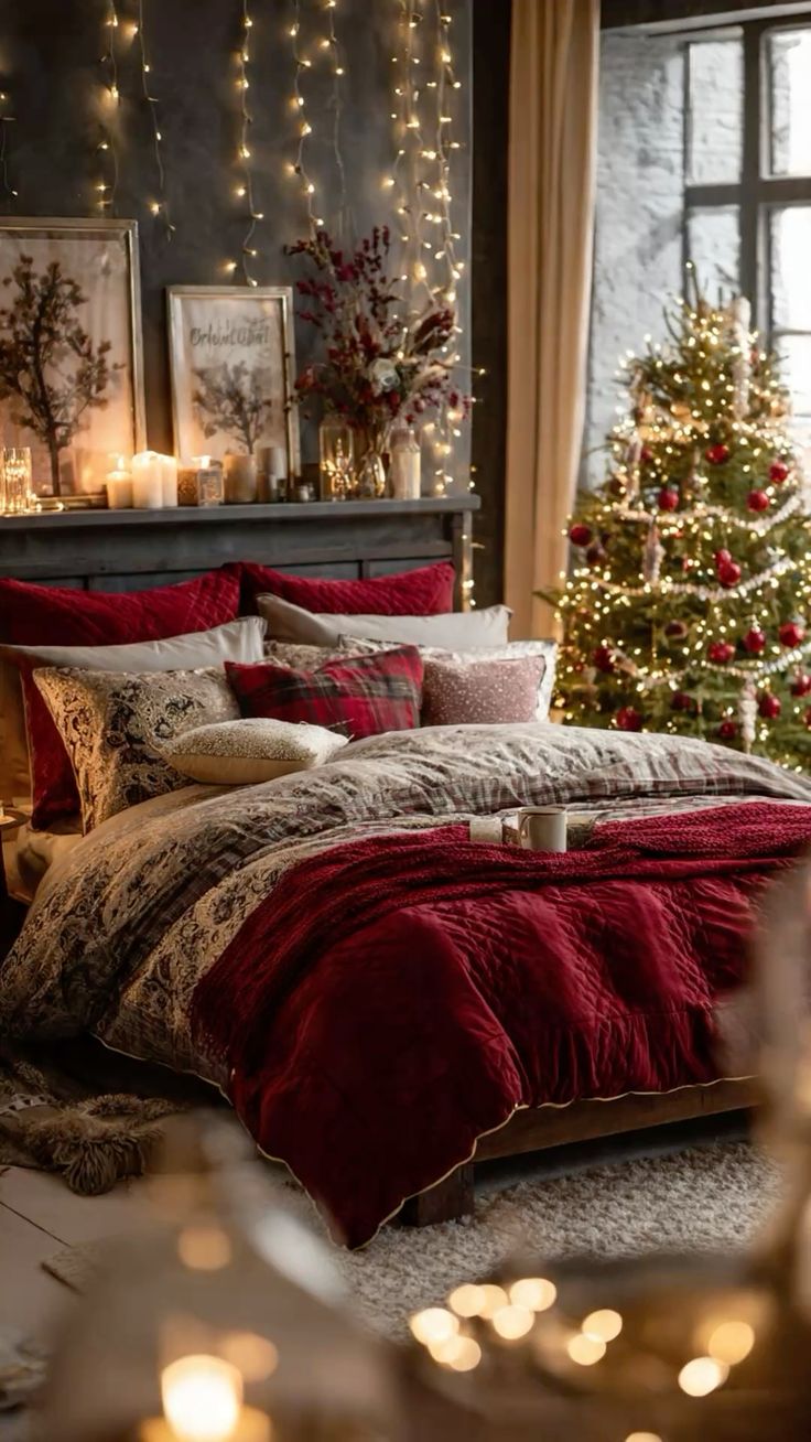 A beautifully decorated Christmas bedroom featuring warm fai