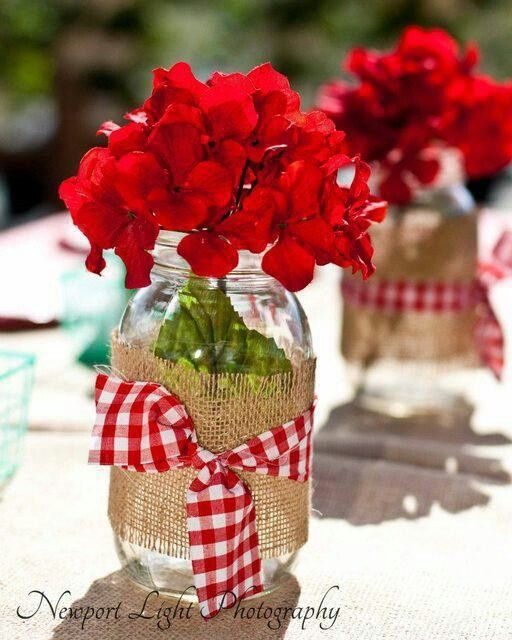 Cute table decor! Red and white gingham mason jars for a red