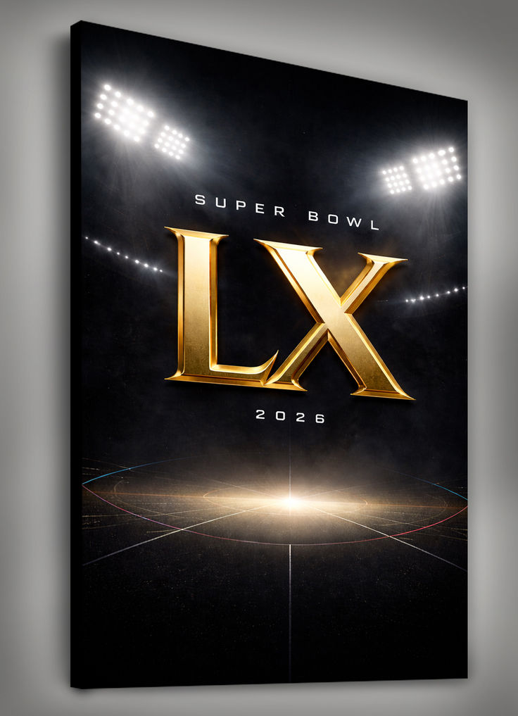 Bold, design-forward Super Bowl LX artwork rendered in metal