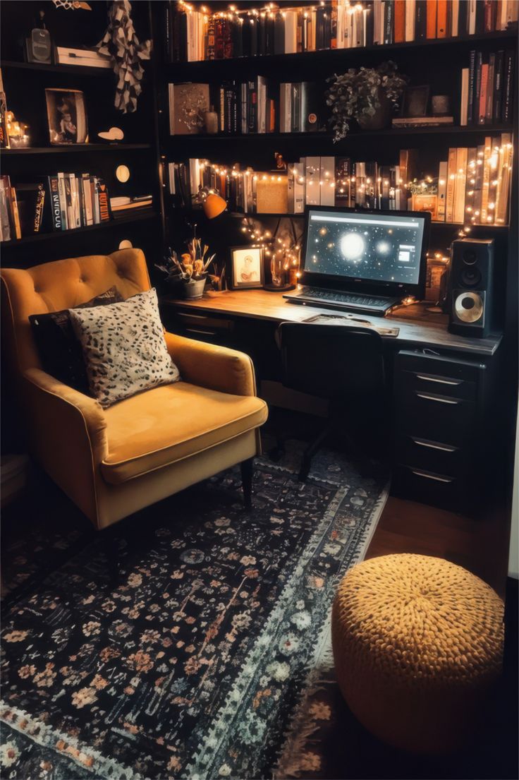 This cozy, dark academia-inspired office space combines vint