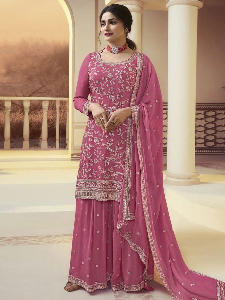 This Pink Sequence And Thread Embroidery Palazzo Suit is the