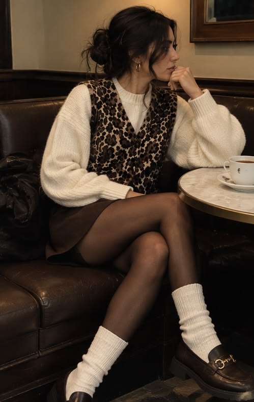 A chic leopard print vest outfit styled with a cozy cream sw