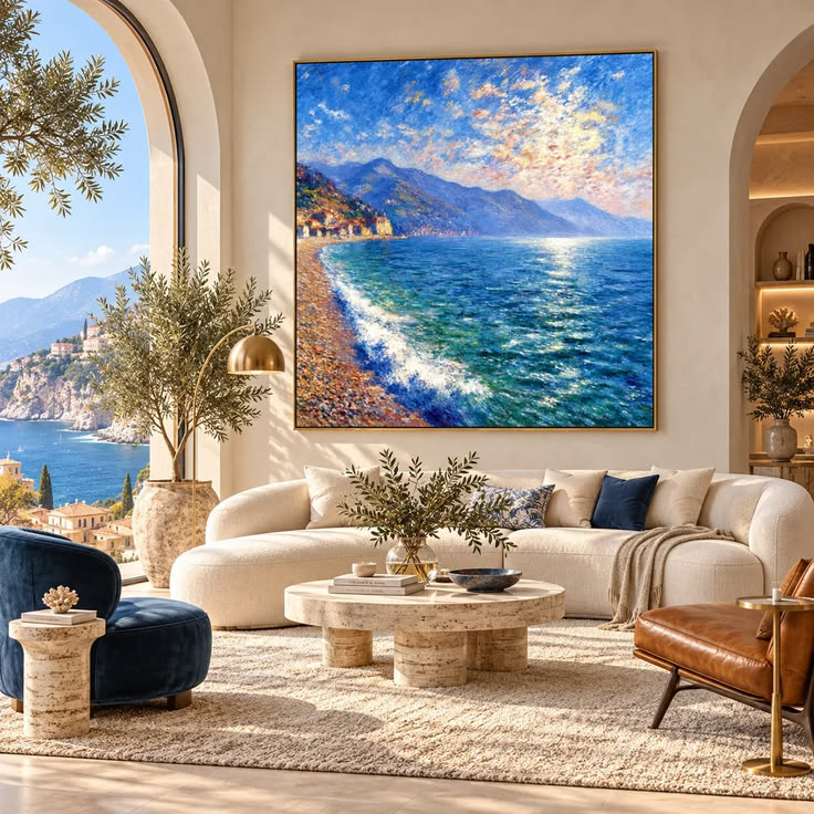 This 100% hand-painted original coastal mountain seascape oi