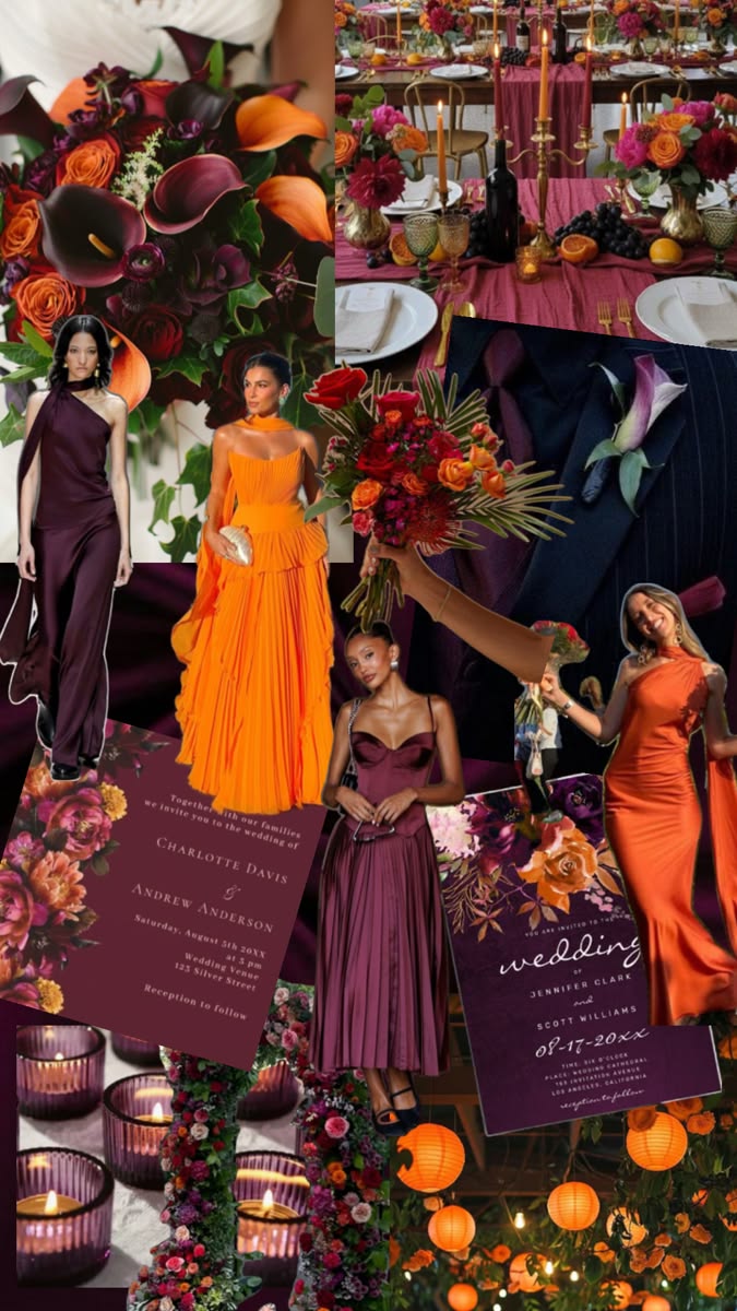 Bright orange and deep wine purple. Bold color theme. Fall w