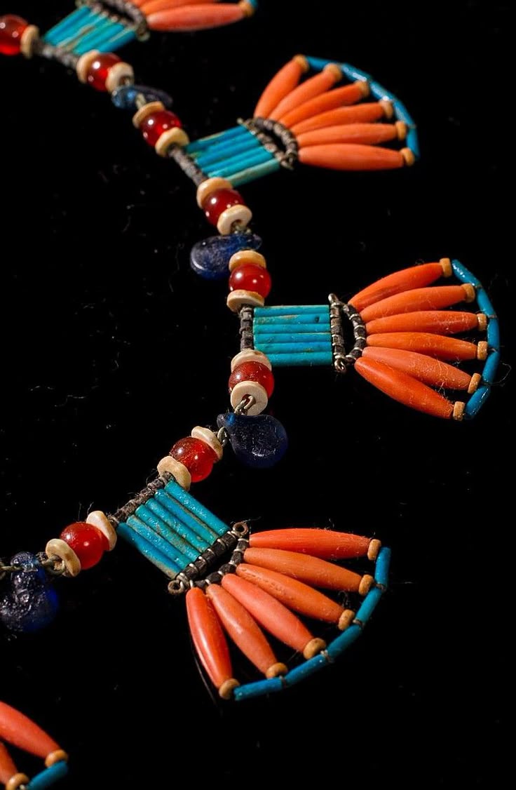 Antique Egyptian Coral and Hardstone Fan Necklace. The neckl