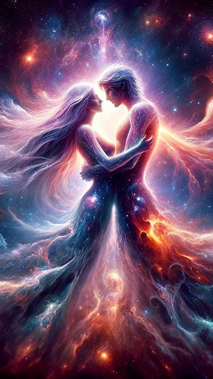 Under a cosmic blanket, a divine couple etched in stars. Dra