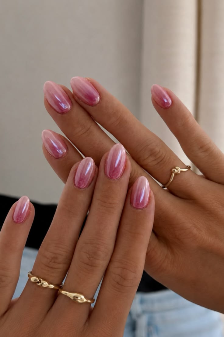 Glossy pink chrome nails with a soft clean girl aesthetic. T