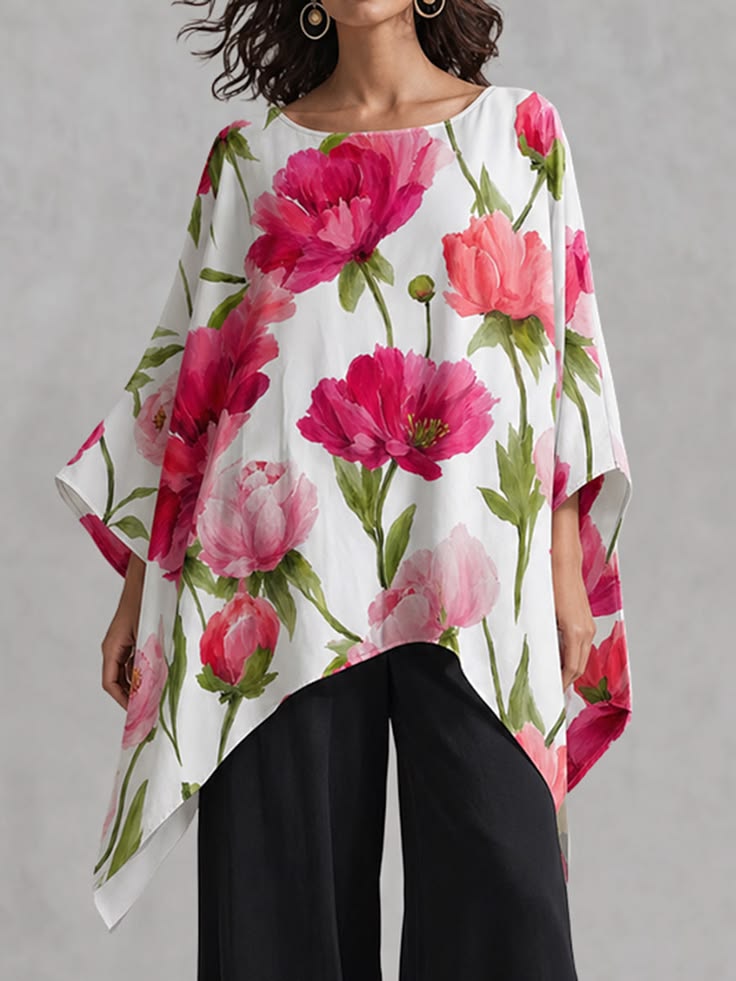 Flower Print Asymmetric Three-quarter Sleeves Loose Round-ne
