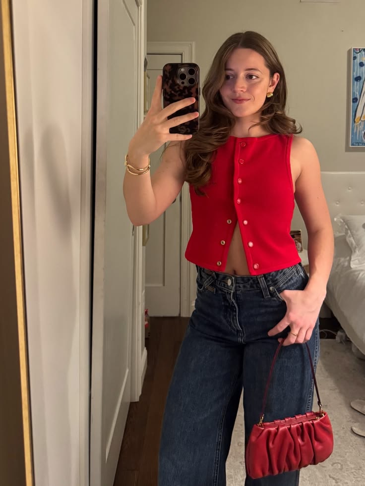 Outfit inspo, Red top outfit inspo, Staud bag, Staud jeans, 