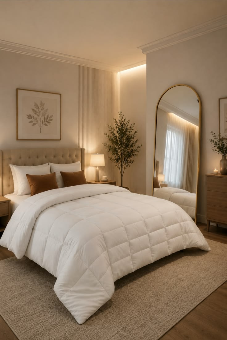 Cozy modern bedroom with a plush white quilted comforter, ea