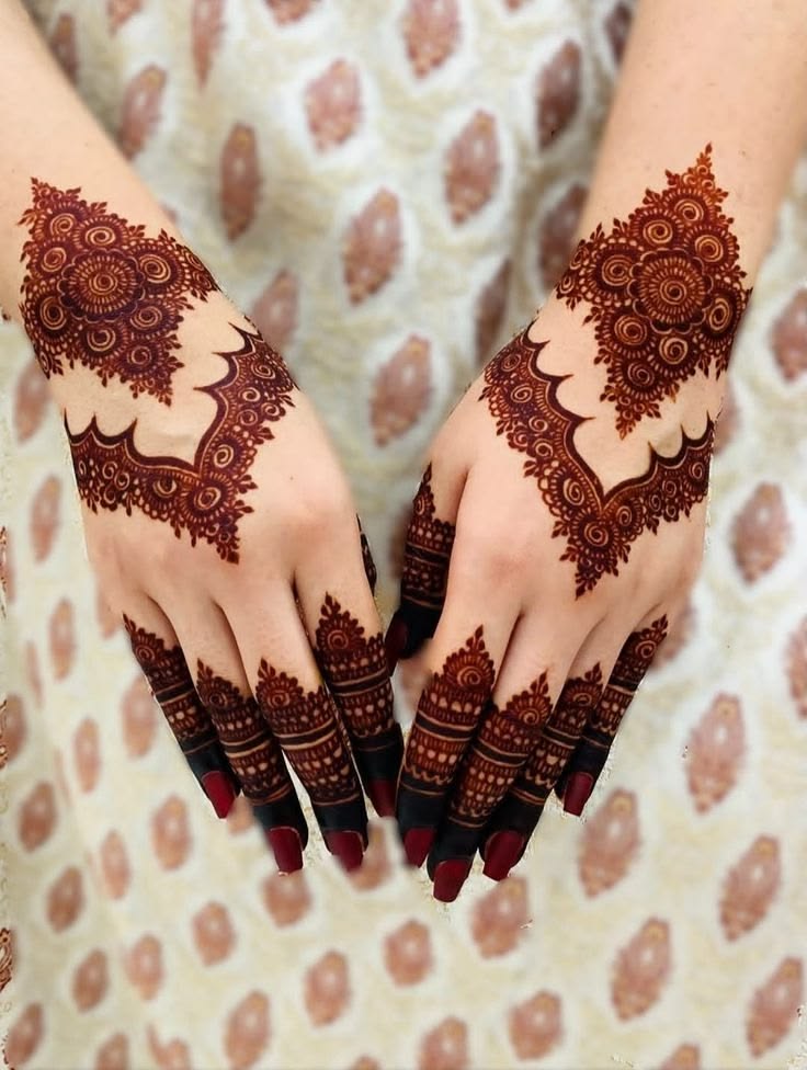 Elegant and symmetrical back hand mehndi design with floral 