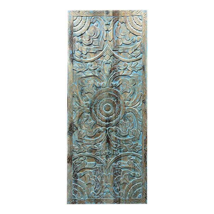 Artistic Vintage Lotus Barn Door – Carved Door With Blue Acc