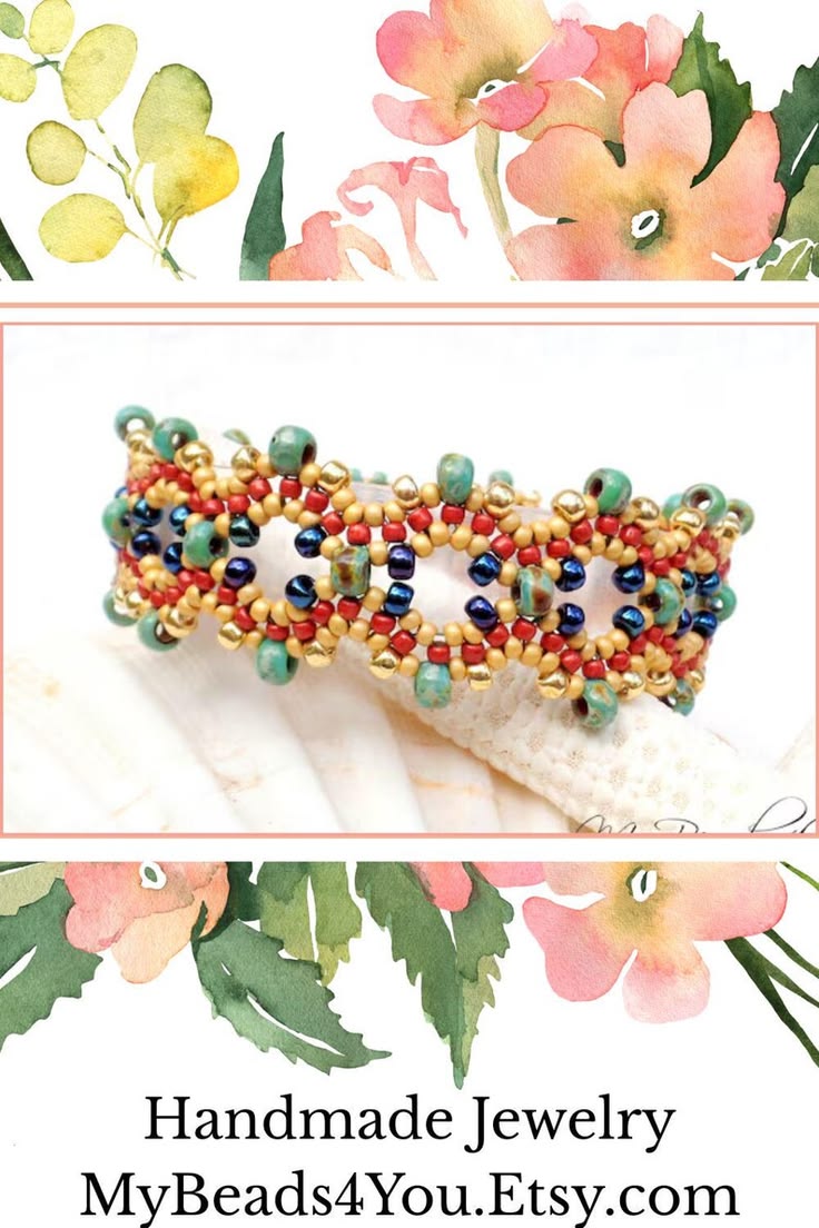 Handmade Bead Woven Bracelet, Turquoise Blue Gold Beaded Fas