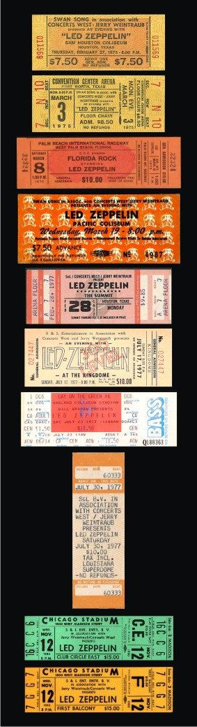 Ten 1975-80 LED ZEPPELIN unused paper replica concert ticket