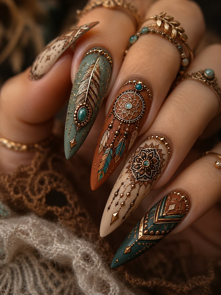 stunning boho style nail polish designs featuring earthy ton