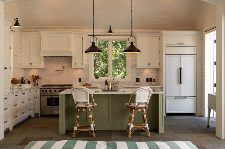 Kitchen design featuring a sage green island, panel-ready ap