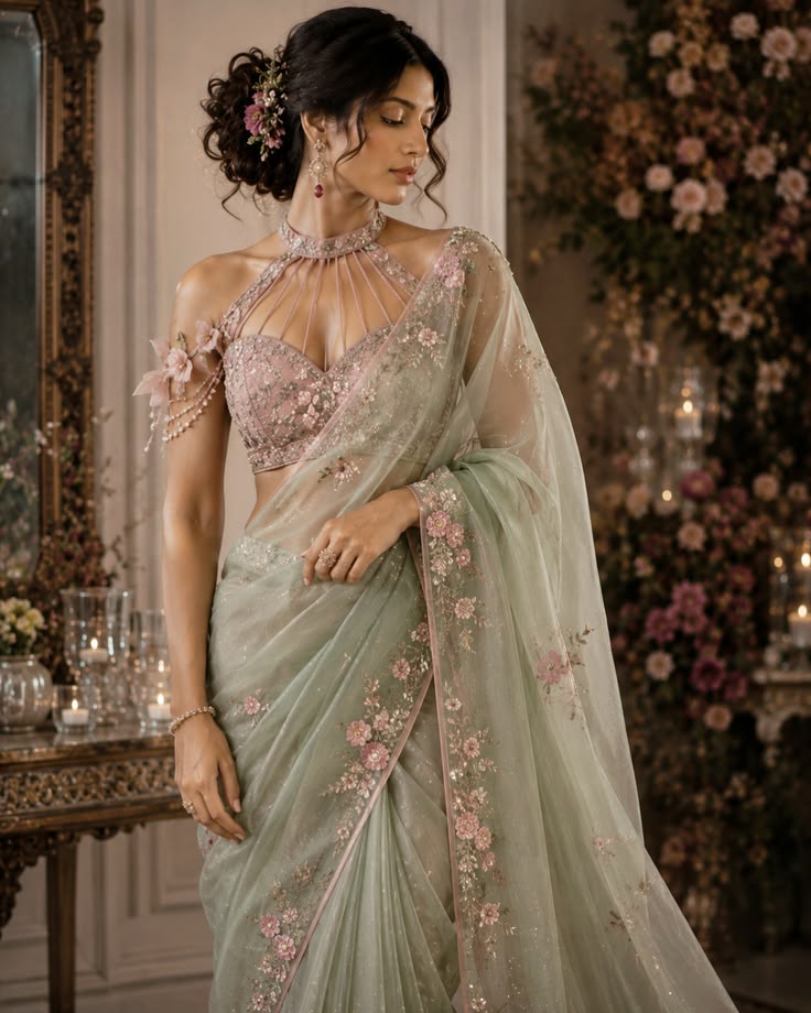 A dreamy sage green organza saree featuring delicate dusty r