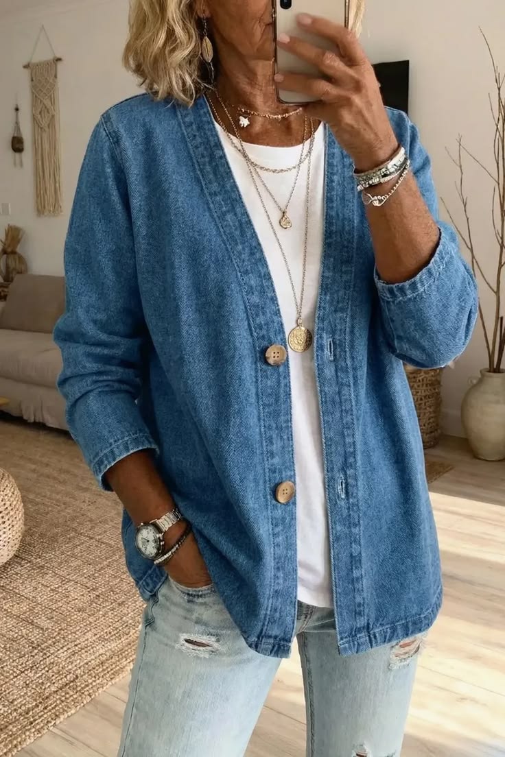 Description This casual denim cardigan adds a touch of relax