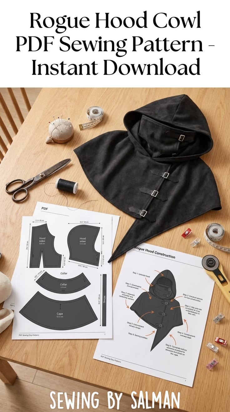 Make your own dramatic hooded cape with this digital PDF sew