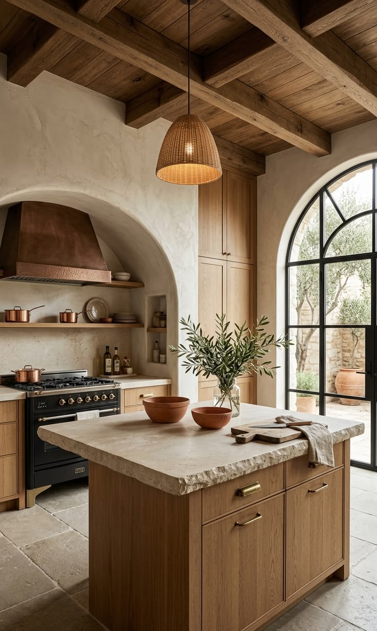 Here is a Mediterranean kitchen idea with warm oak cabinets,
