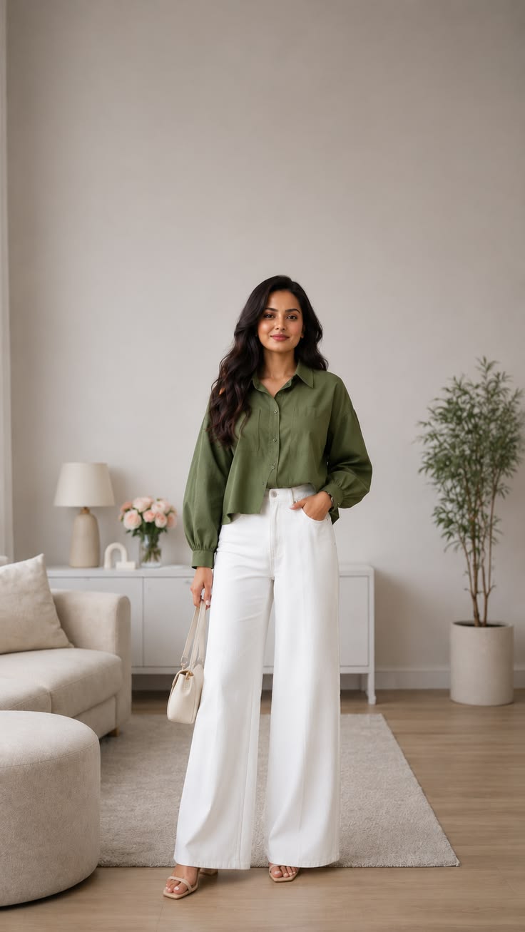 Minimal olive shirt, long wide-leg white pants, and nude hee
