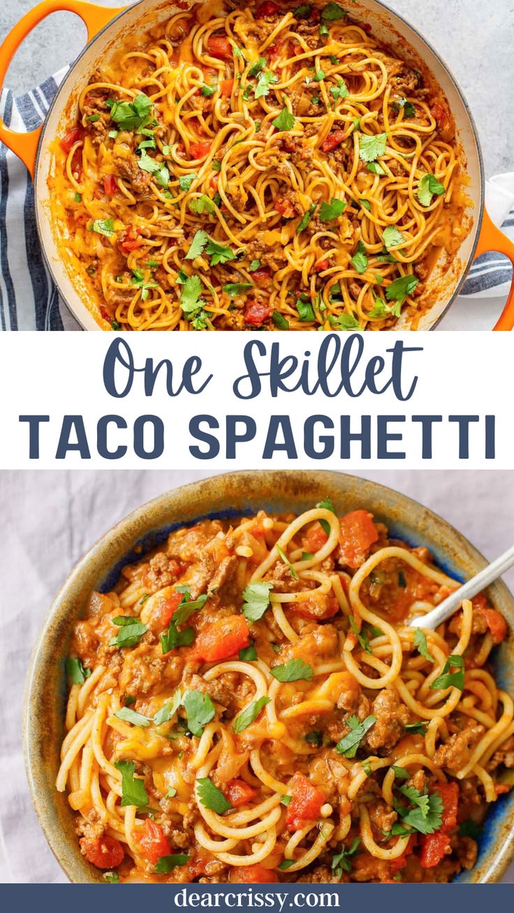 One Skillet Taco Spaghetti brings together flavors of tacos 