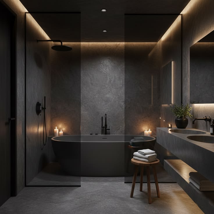 Une salle de bain comme un rituel nocturne 🖤
Pierre brute, l