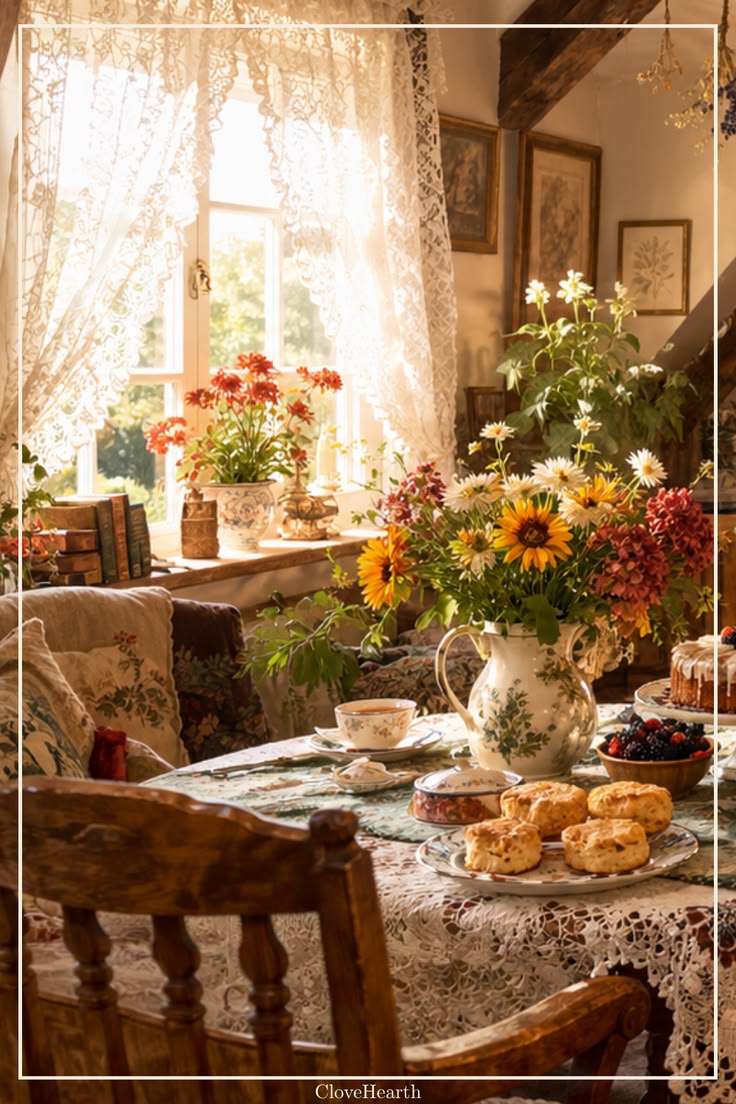 Warm sunlight streams through delicate white lace curtains, 