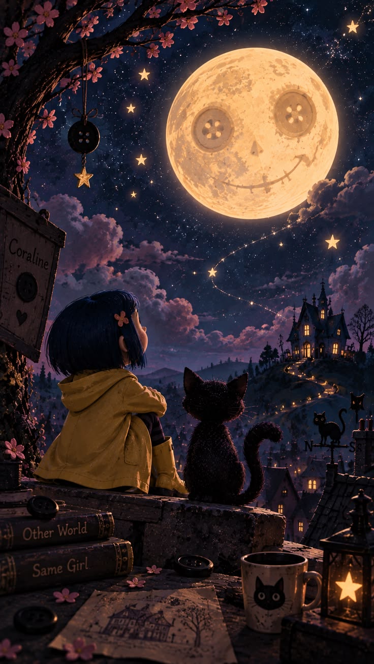Coraline e céu estrelado