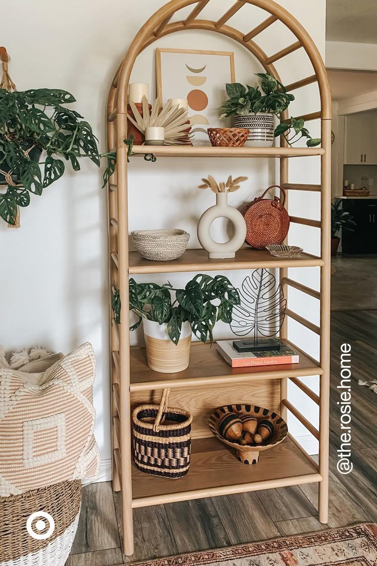 A curved wooden shelf is a versatile add-on to small spaces.