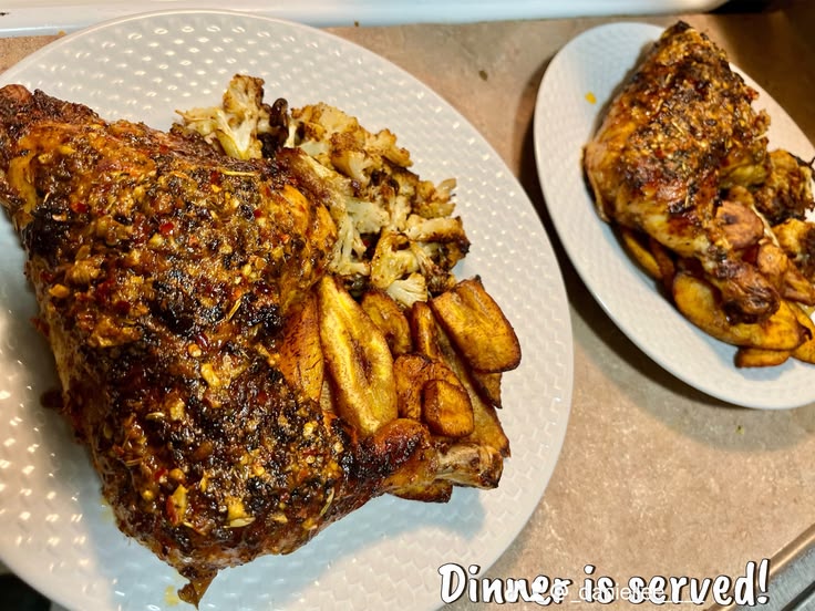 Roasted chicken, fried plantains, cauliflower