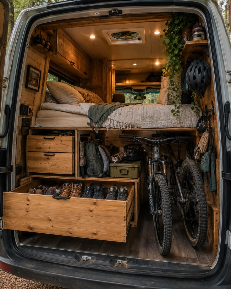 A rear van build with an elevated platform bed creating a fu