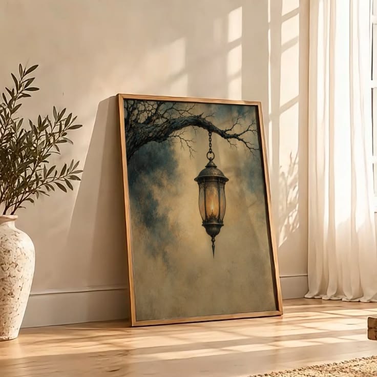 Vintage Lantern Wall Art, Moody Gothic Painting, Antique Lam