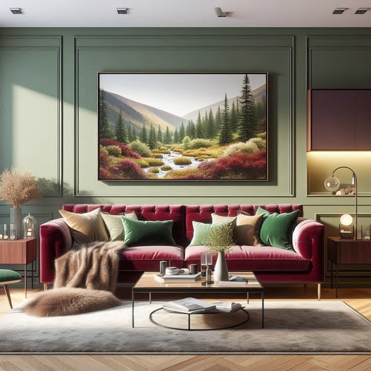 A contemporary American living room featuring light green wa