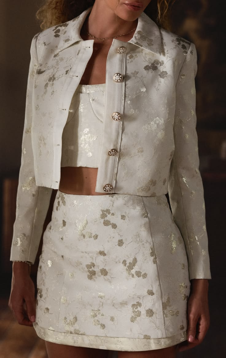 Elegant Champagne tailored jacket crafted from floral Chever