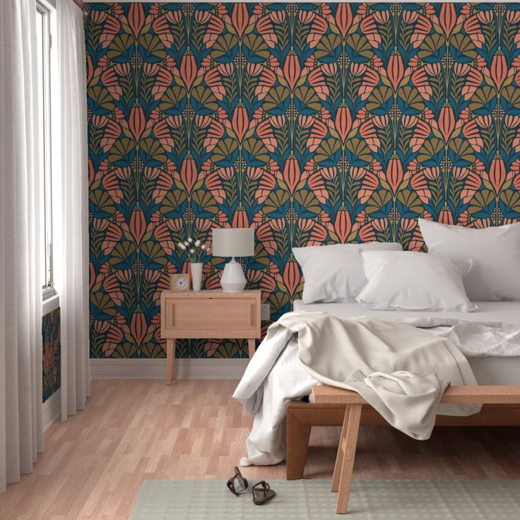 Christiana (navy and peach) Wallpaper | Spoonflower