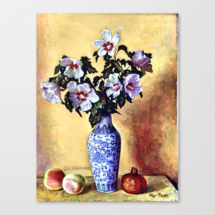 Buy Hibiscus Flowers in Oriental Vase Canvas Print by Elya P