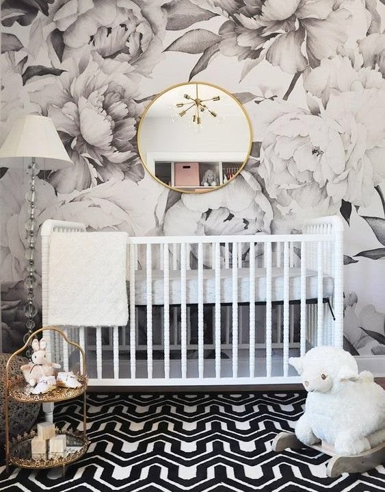 black and white floral wallpaper nursery with gold accents #