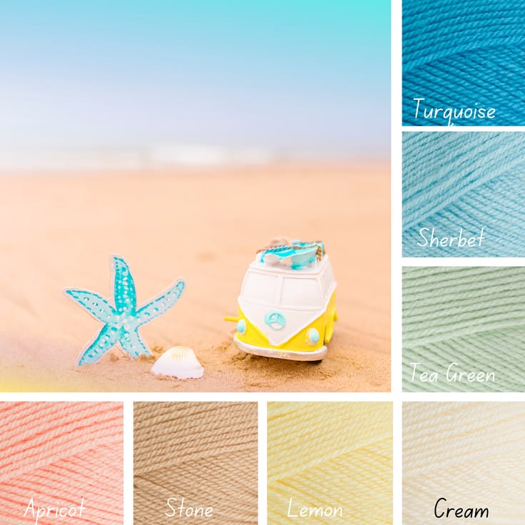 A dreamy beach-inspired crochet color palette featuring turq