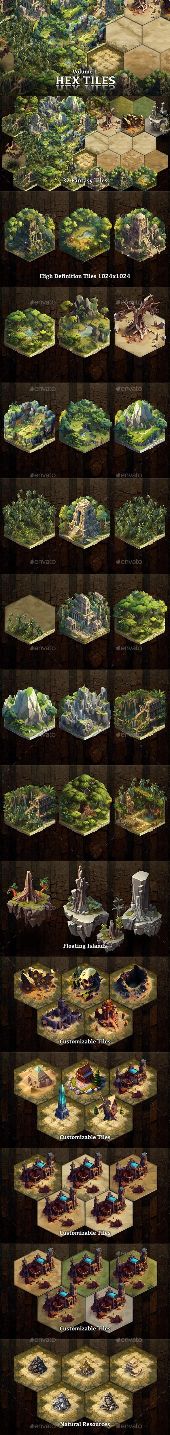 Set of hexagonal tiles designed for game developers to creat