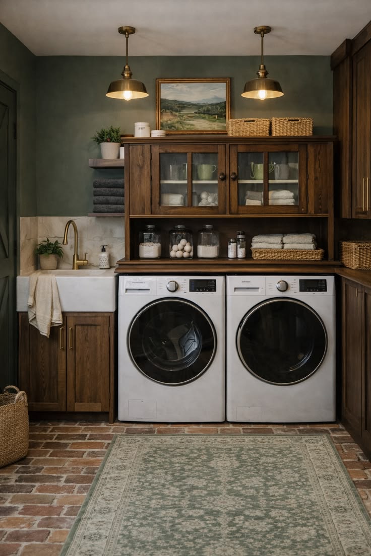 Organic + cozy + rich + moody laundry room. Brick floor, ear