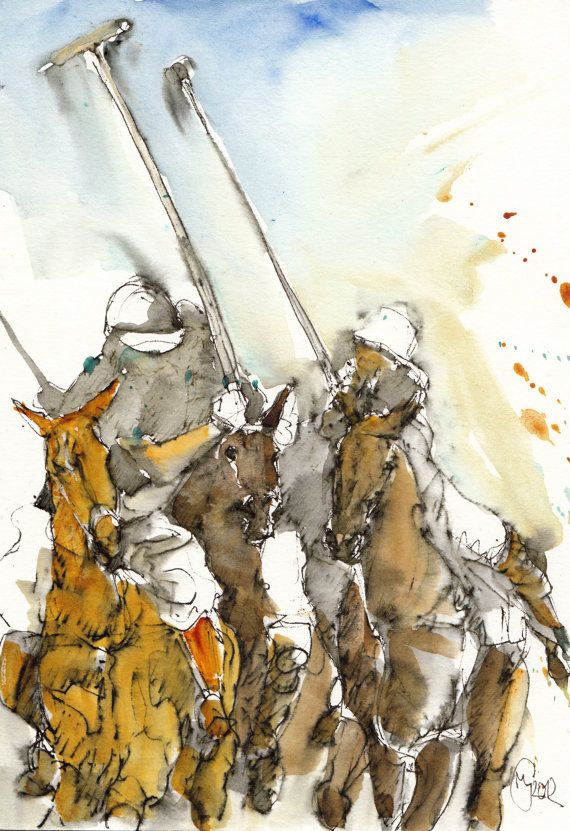Polo ponies, original watercolor on paper, 5,5 x 8,3 inch
