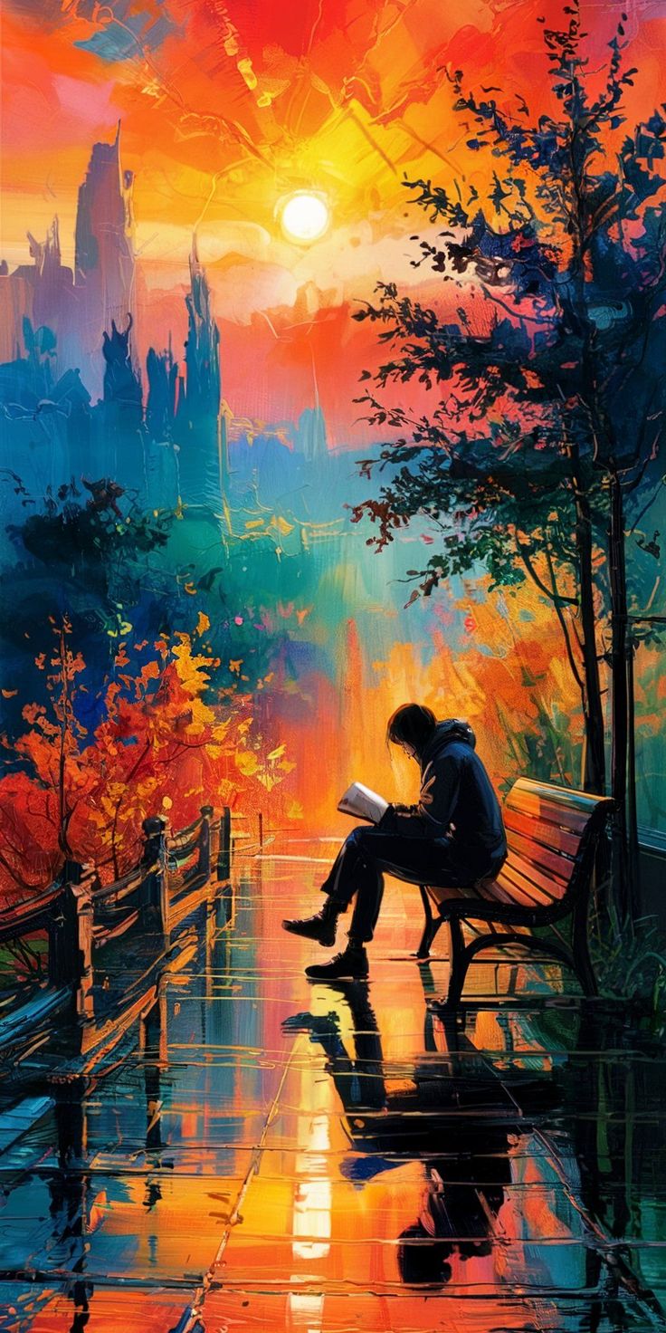 A digital painting of a solitary figure reading on a wooden 