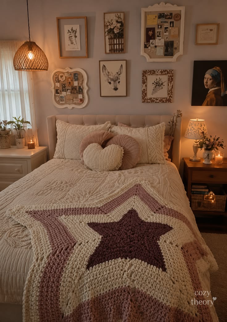 Create the perfect cozy bedroom with soft blankets, warm lig