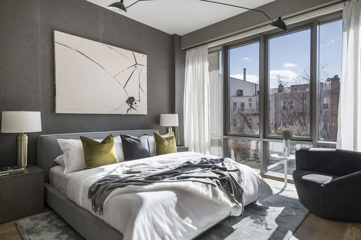 Modern bedroom with Dark Gray Accent Wall and Minimalist Dec