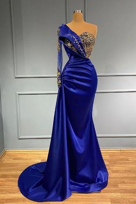 Daisda Dark Blue Long Sleeve One Shoulder Mermaid Prom Dress
