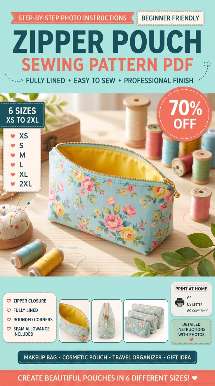 Zipper Pouch Sewing Pattern PDF, Multi Size Cosmetic Bag Pat