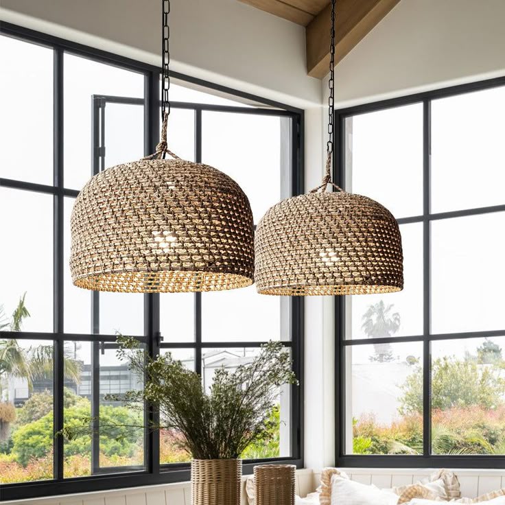 Retro Rattan Pendant Lights Hemp Rope Woven Lampshade